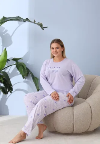 Pijama damă Big Size cu „Keep Thing”, pantaloni și mânecă lungă, lila