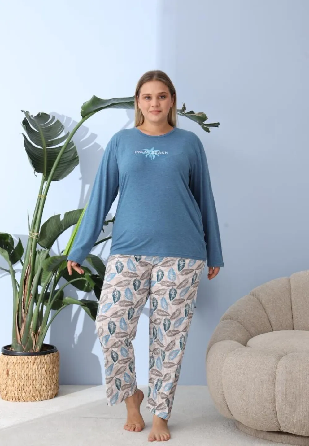 Pijama damă Big Size cu „PLAM BEACH”, pantaloni și mânecă lungă, albastru - 2