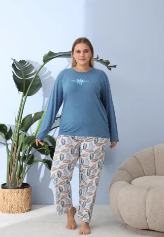 Pijama damă Big Size cu „PLAM BEACH”, pantaloni și mânecă lungă, albastru hover