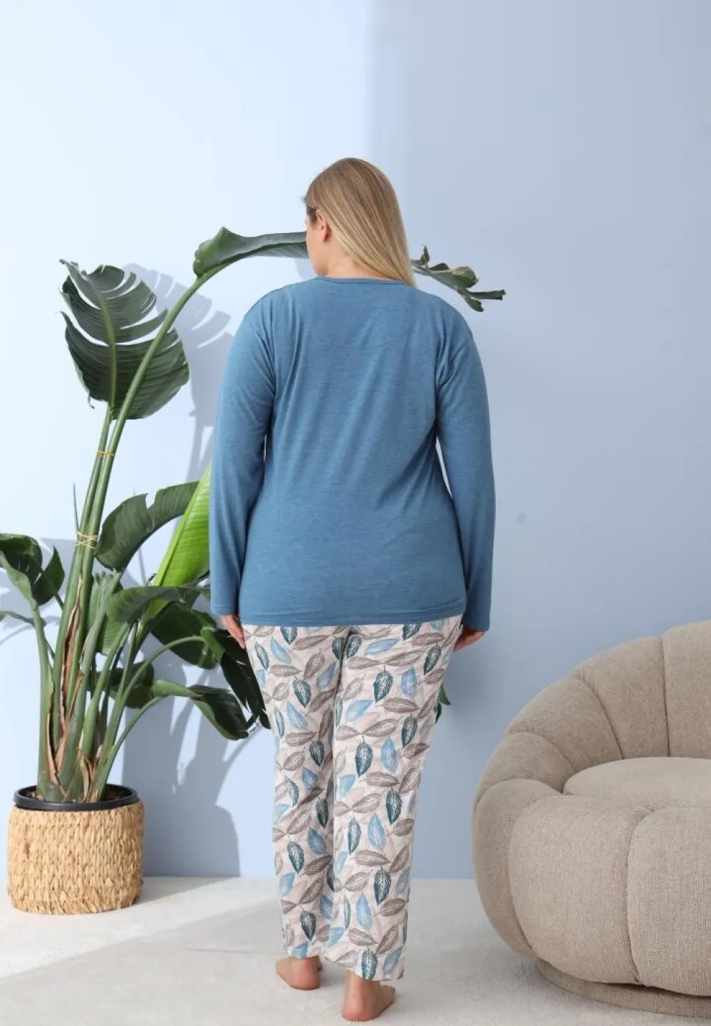 Pijama damă Big Size cu „PLAM BEACH”, pantaloni și mânecă lungă, albastru - 3