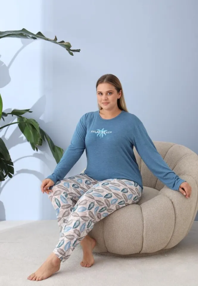 Pijama damă Big Size cu „PLAM BEACH”, pantaloni și mânecă lungă, albastru
