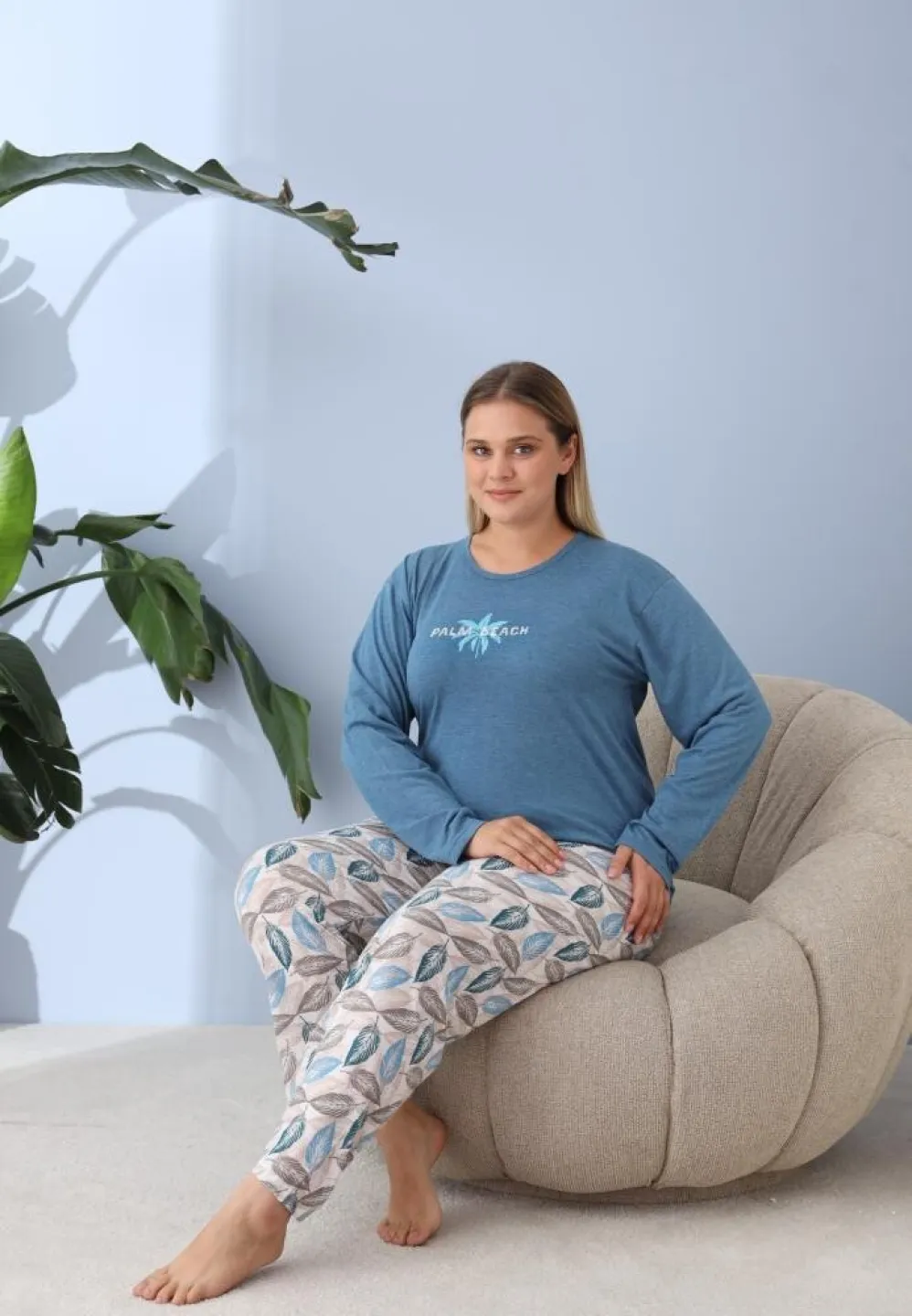 Pijama damă Big Size cu „PLAM BEACH”, pantaloni și mânecă lungă, albastru - 4