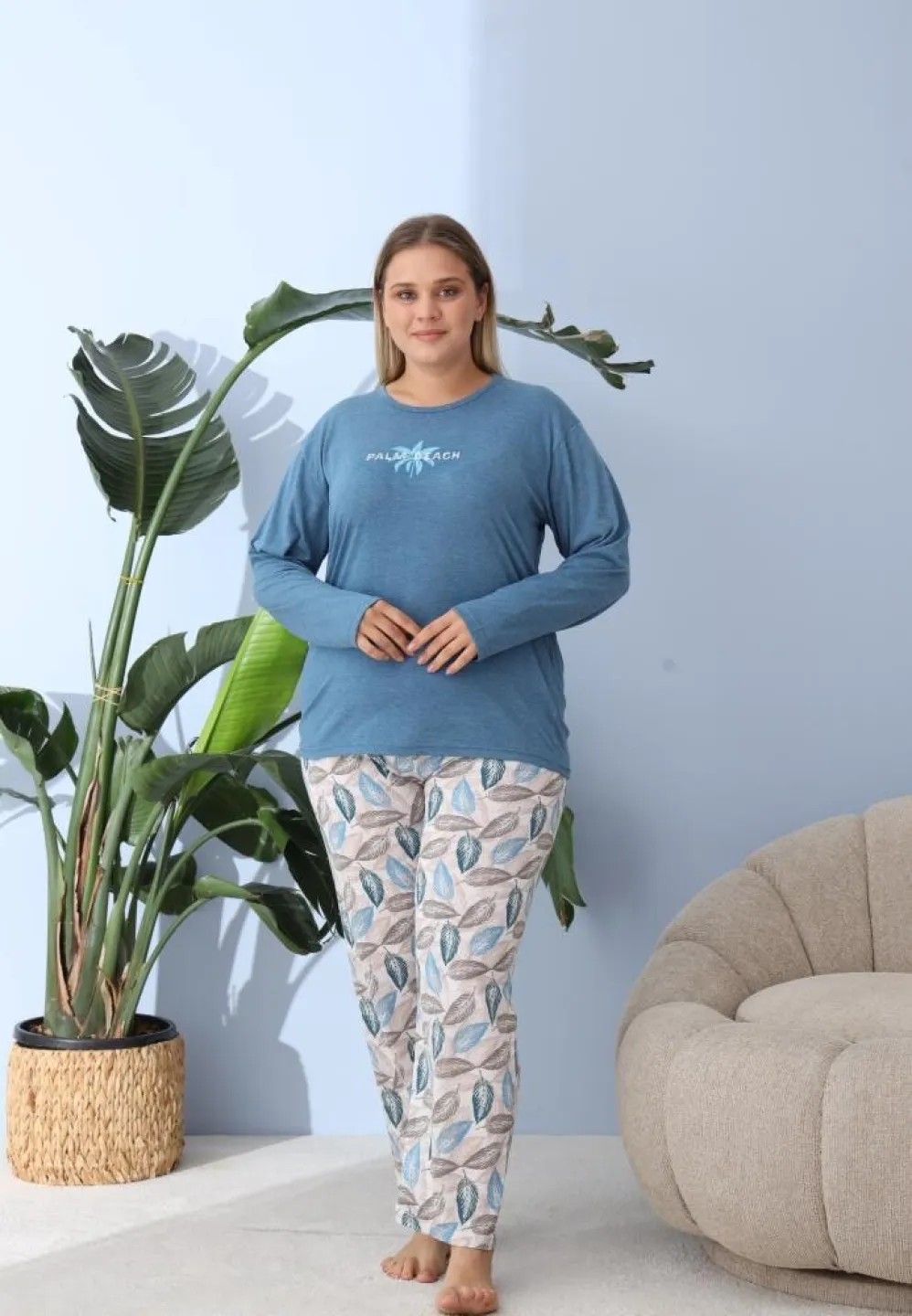 Pijama damă Big Size cu „PLAM BEACH”, pantaloni și mânecă lungă, albastru - 5