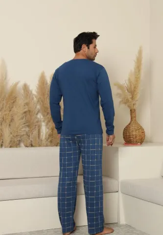 Pijama bărbați albastru cu mânecă lungă și pantaloni lungi cu buzunare hover