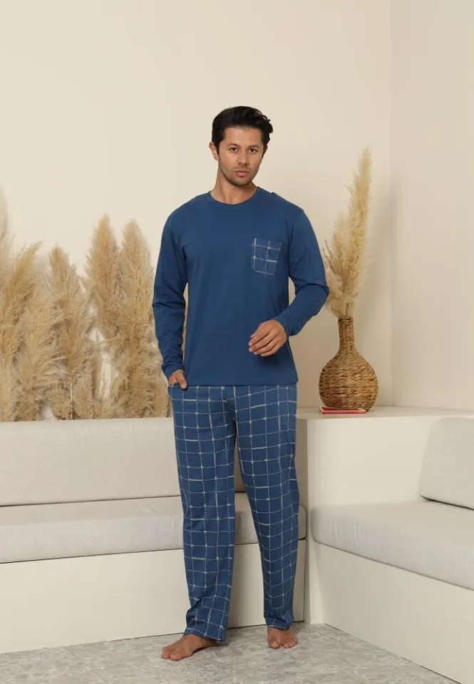 Pijama bărbați albastru cu mânecă lungă și pantaloni lungi cu buzunare
