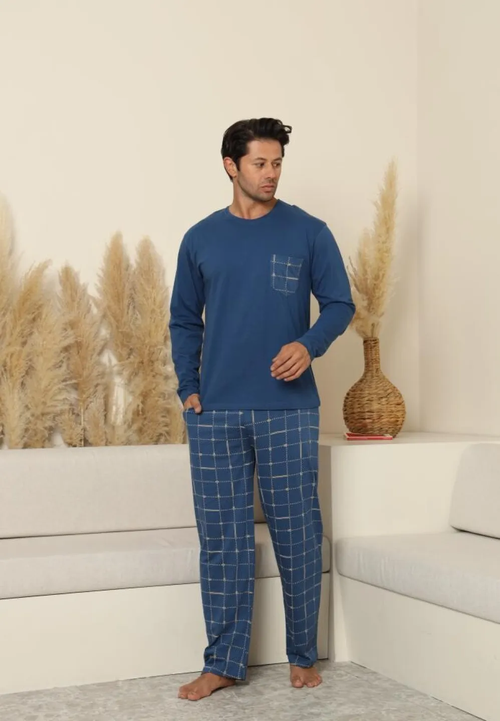 Pijama bărbați albastru cu mânecă lungă și pantaloni lungi cu buzunare - 3