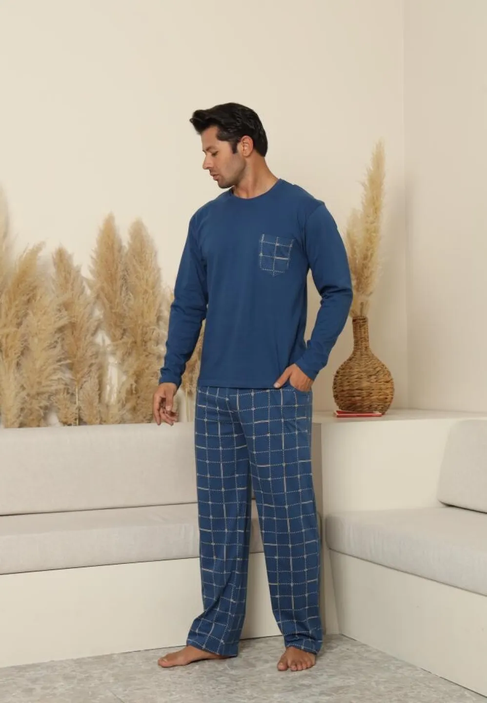 Pijama bărbați albastru cu mânecă lungă și pantaloni lungi cu buzunare - 4