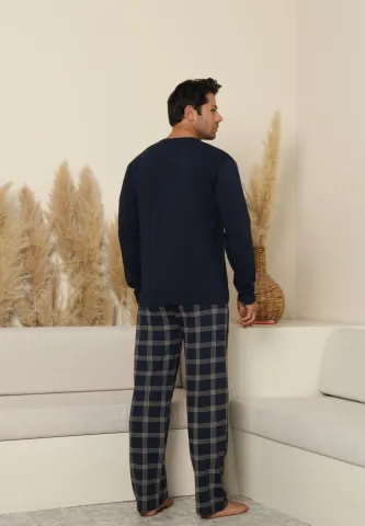 Pijama bărbați cu mânecă lungă și pantaloni lungi bleumarin, cu buzunare hover