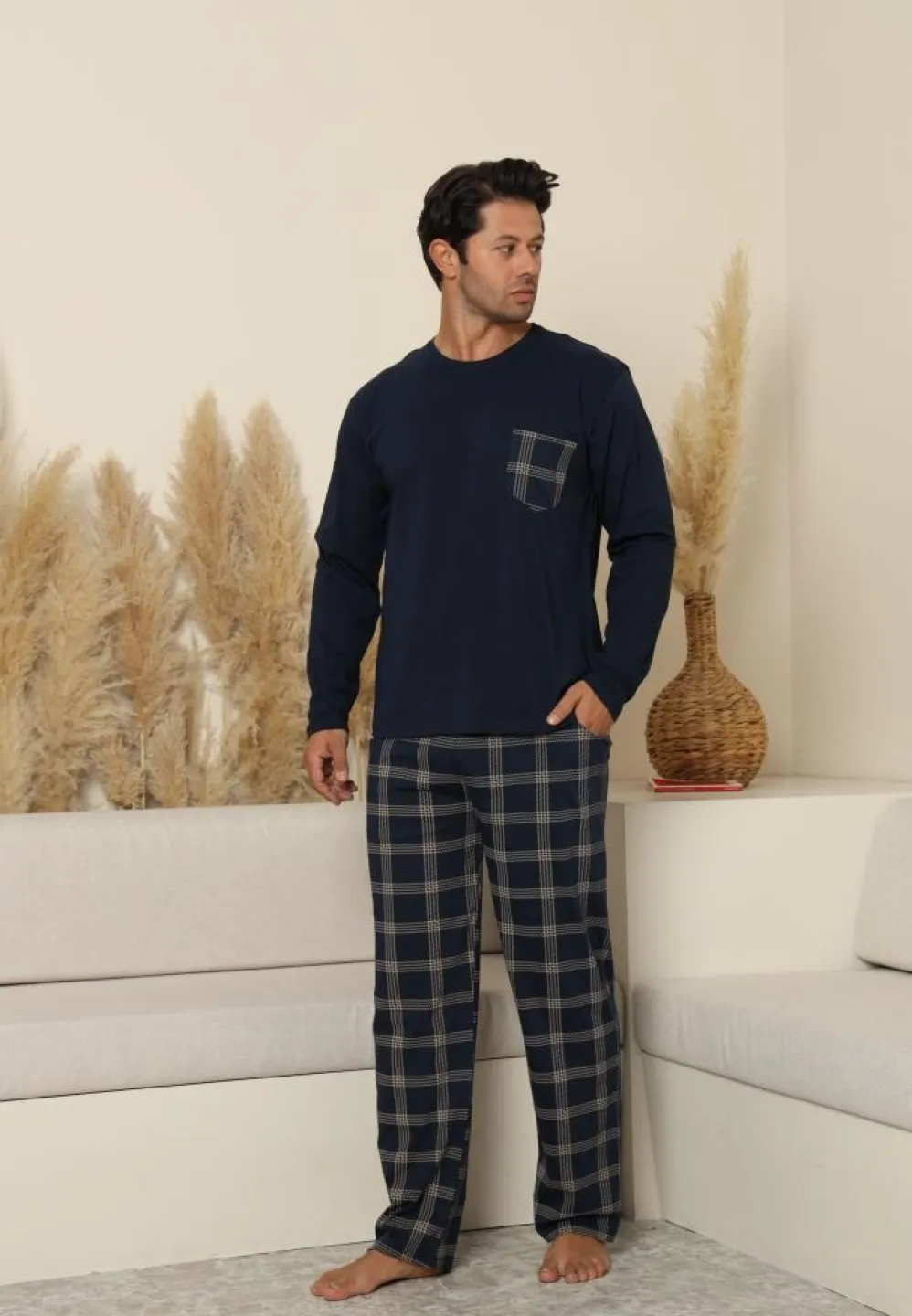 Pijama bărbați cu mânecă lungă și pantaloni lungi bleumarin, cu buzunare - 1