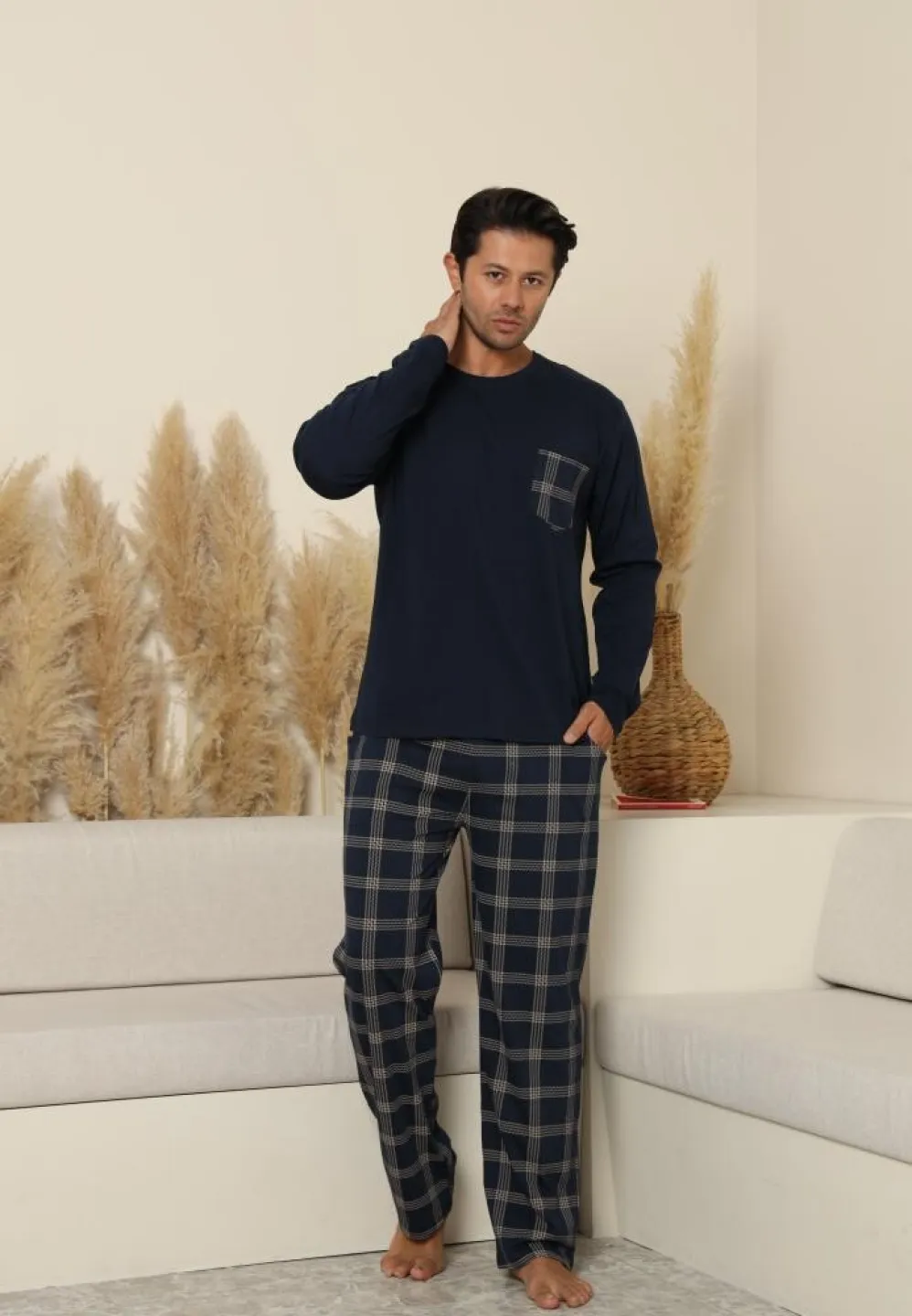 Pijama bărbați cu mânecă lungă și pantaloni lungi bleumarin, cu buzunare - 3