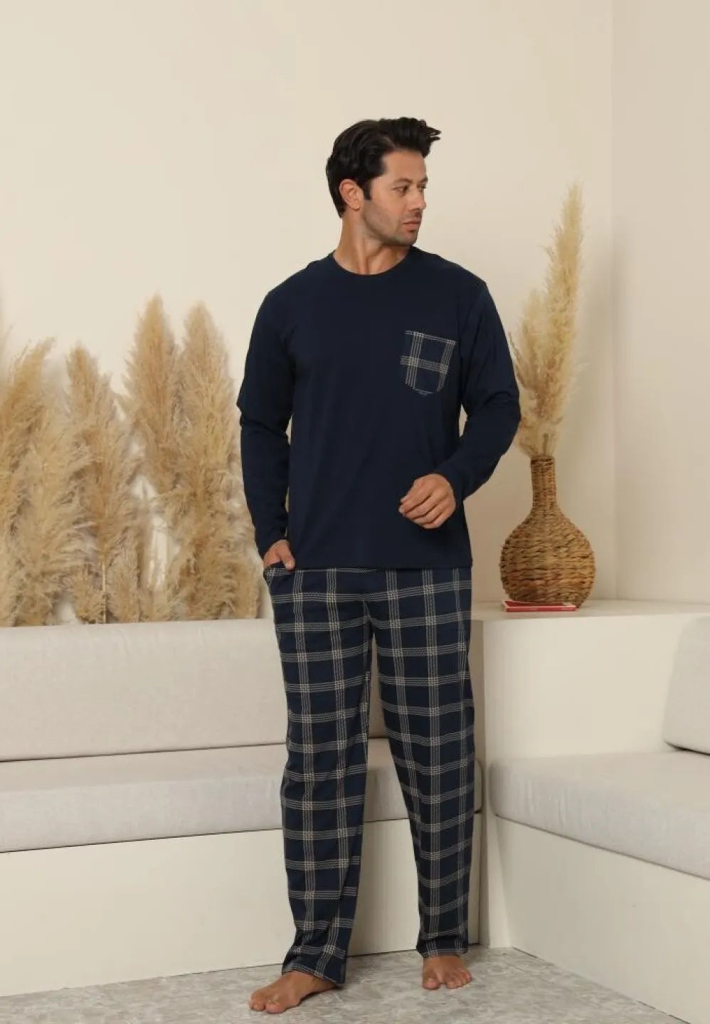 Pijama bărbați cu mânecă lungă și pantaloni lungi bleumarin, cu buzunare - 4