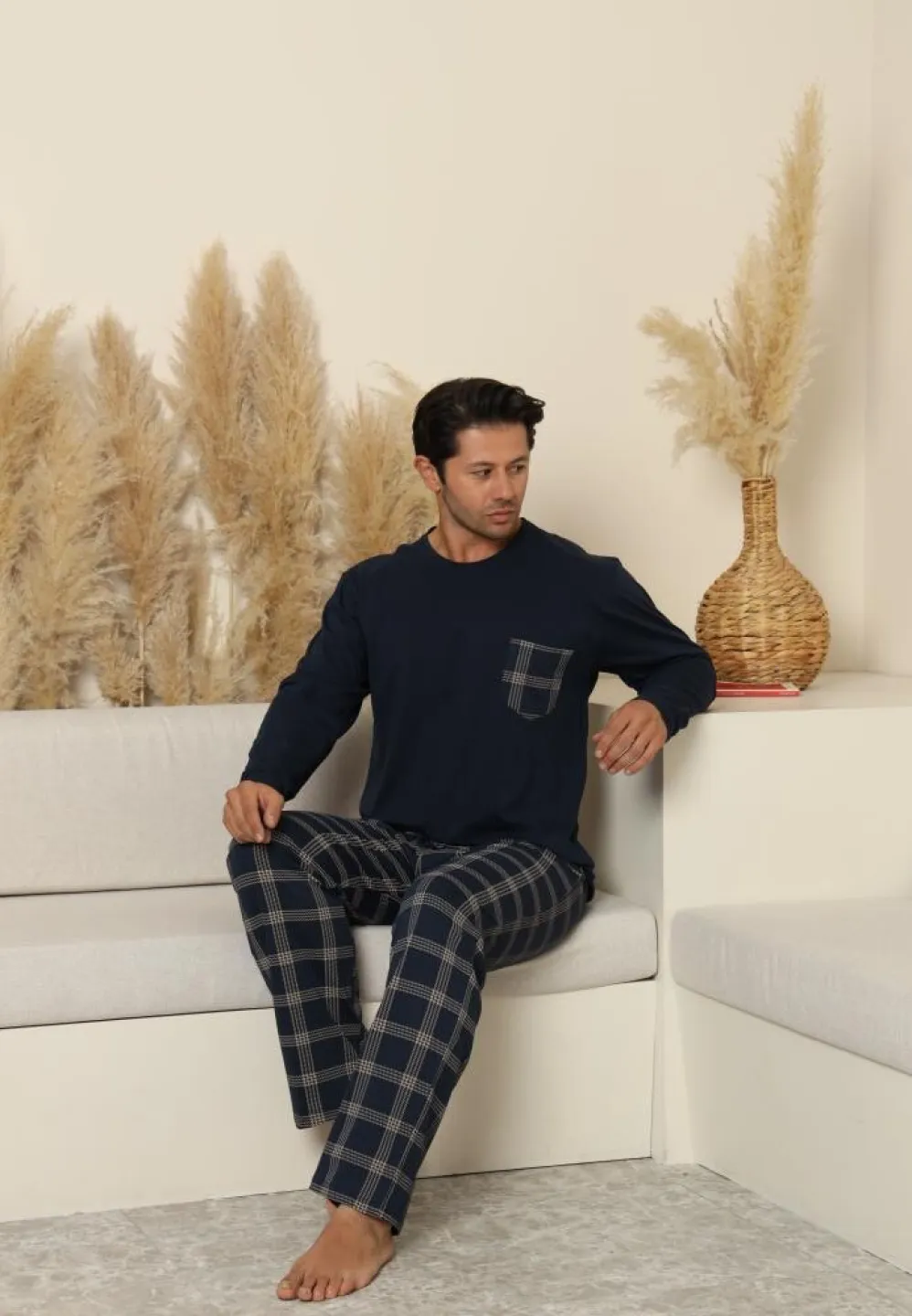 Pijama bărbați cu mânecă lungă și pantaloni lungi bleumarin, cu buzunare - 5