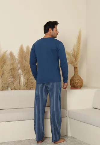 Pijama bărbați Albastru, cu pantaloni lungi și mânecă lungă, cu buzunare dungi hover