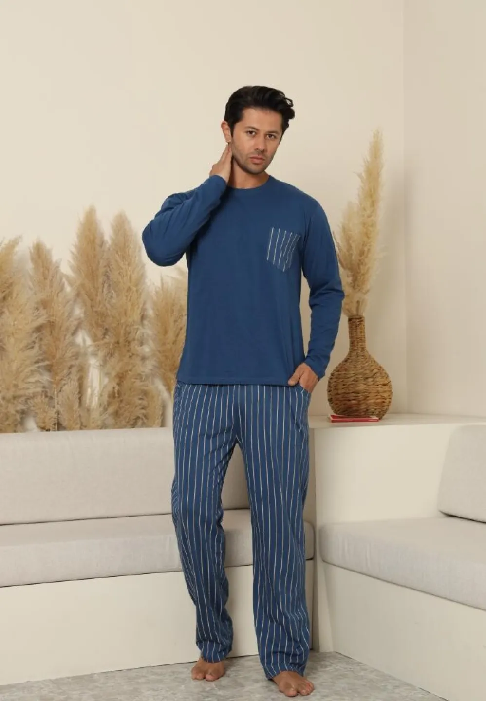Pijama bărbați Albastru, cu pantaloni lungi și mânecă lungă, cu buzunare dungi - 3