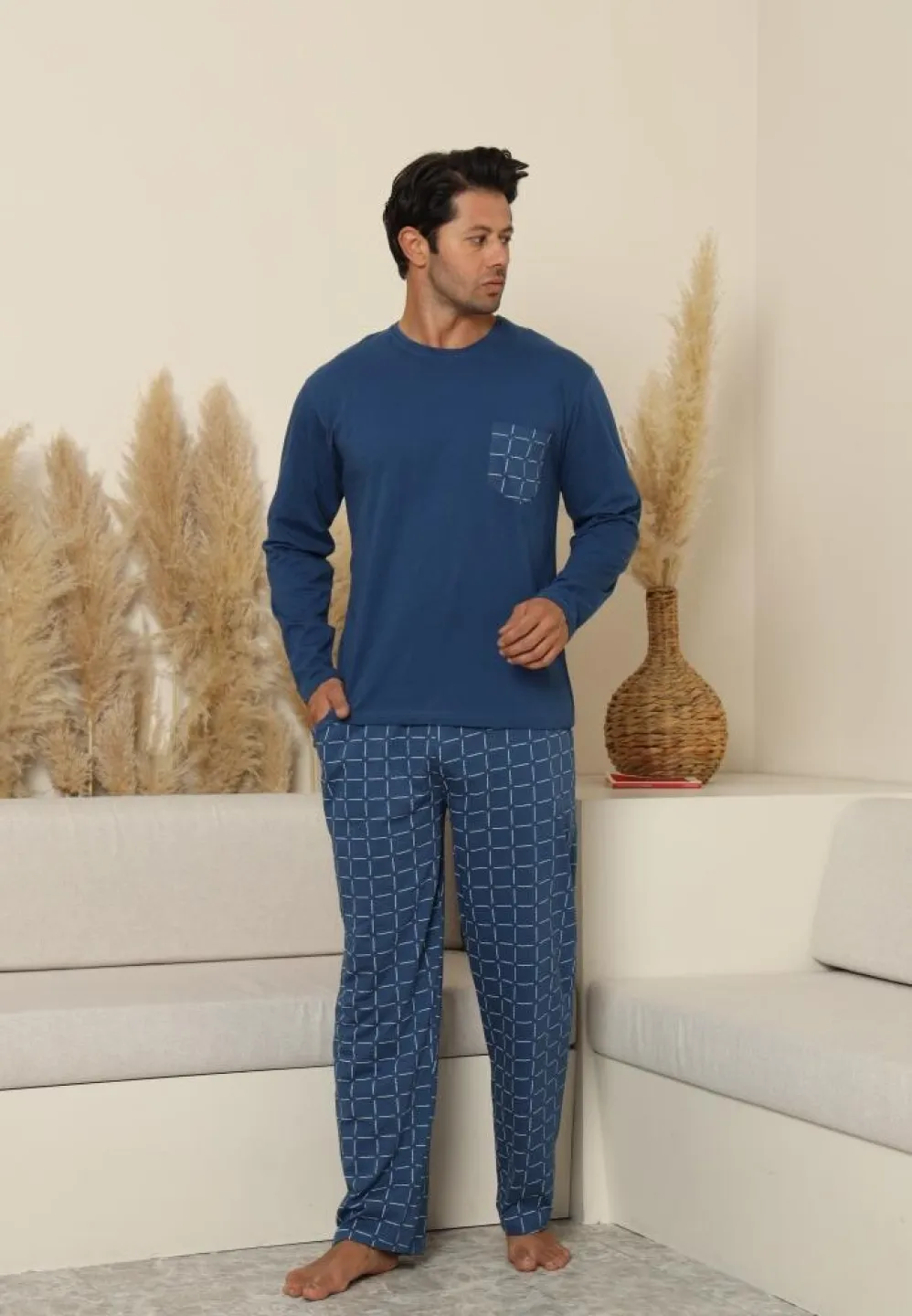 Pijama bărbați Albastru, cu pantaloni lungi și mânecă lungă, cu buzunare dungi - 1