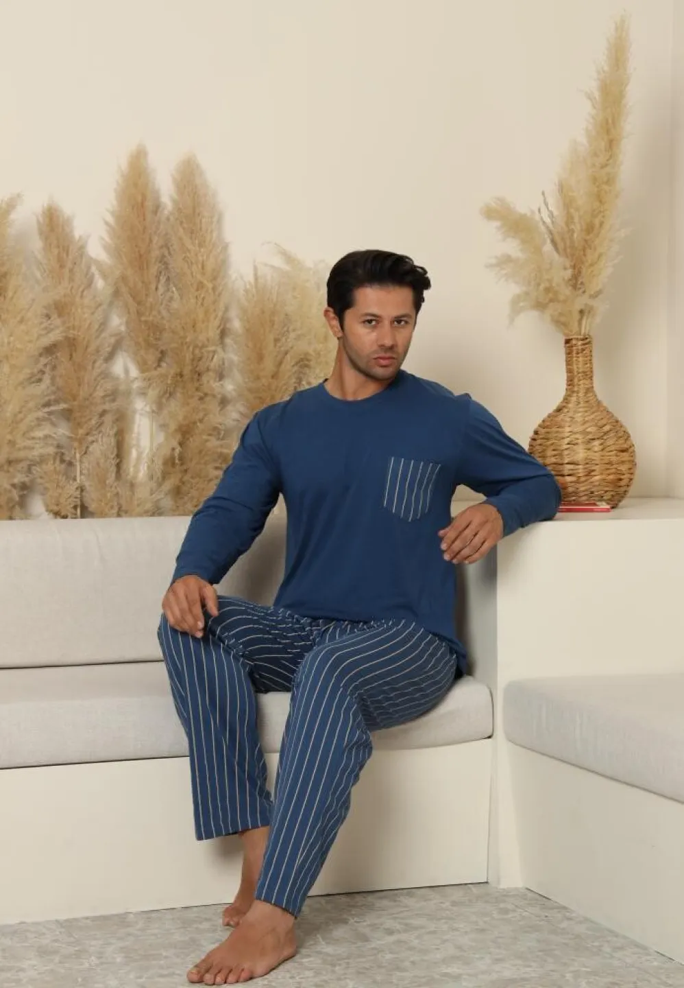 Pijama bărbați Albastru, cu pantaloni lungi și mânecă lungă, cu buzunare dungi - 4