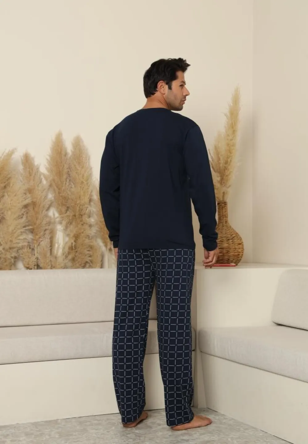Pijama bărbați Bleumarin, cu pantaloni lungi cu carou și mânecă lungă, cu buzunare - 2
