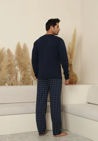 Pijama bărbați Bleumarin, cu pantaloni lungi cu carou și mânecă lungă, cu buzunare hover
