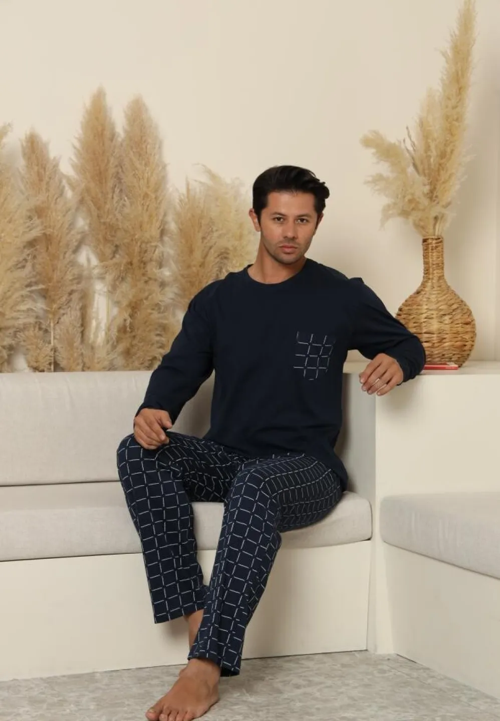 Pijama bărbați Bleumarin, cu pantaloni lungi cu carou și mânecă lungă, cu buzunare - 3
