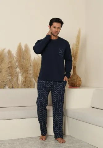 Pijama bărbați Bleumarin, cu pantaloni lungi cu carou și mânecă lungă, cu buzunare