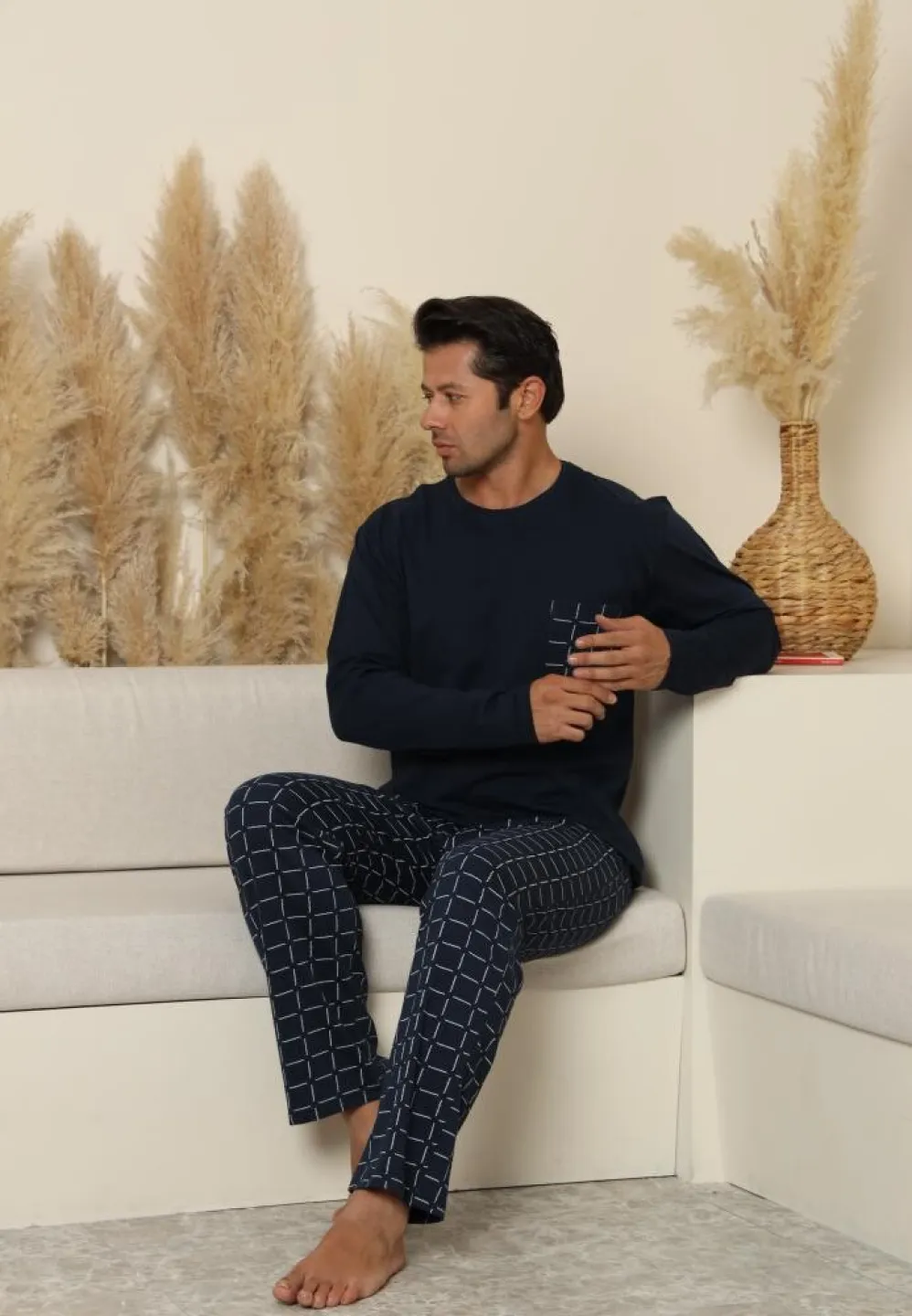 Pijama bărbați Bleumarin, cu pantaloni lungi cu carou și mânecă lungă, cu buzunare - 4