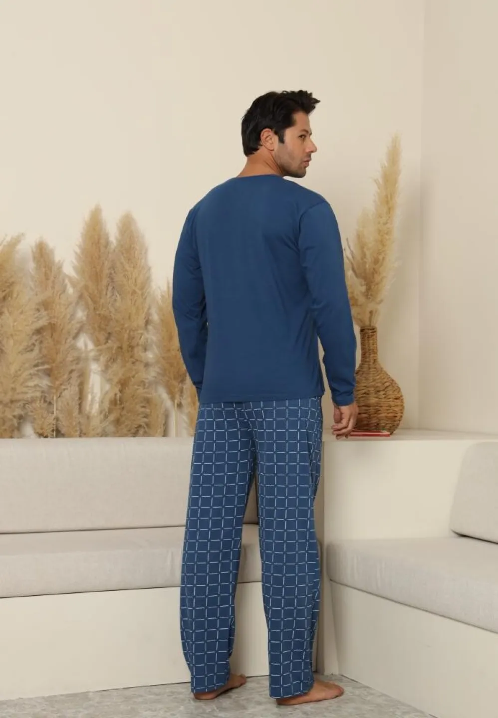 Pijama bărbați Albastru, cu pantaloni lungi cu carou și mânecă lungă, cu buzunare - 2
