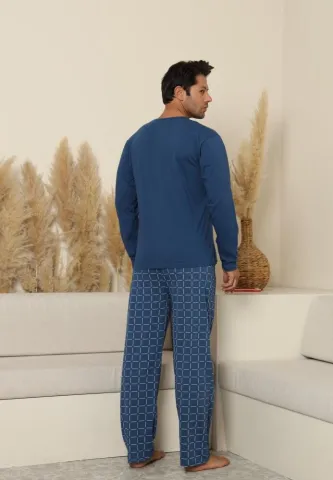 Pijama bărbați Albastru, cu pantaloni lungi cu carou și mânecă lungă, cu buzunare hover