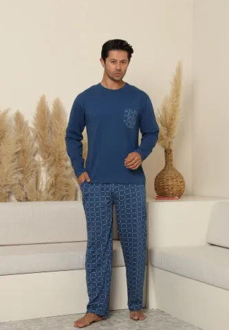 Pijama bărbați Albastru, cu pantaloni lungi cu carou și mânecă lungă, cu buzunare