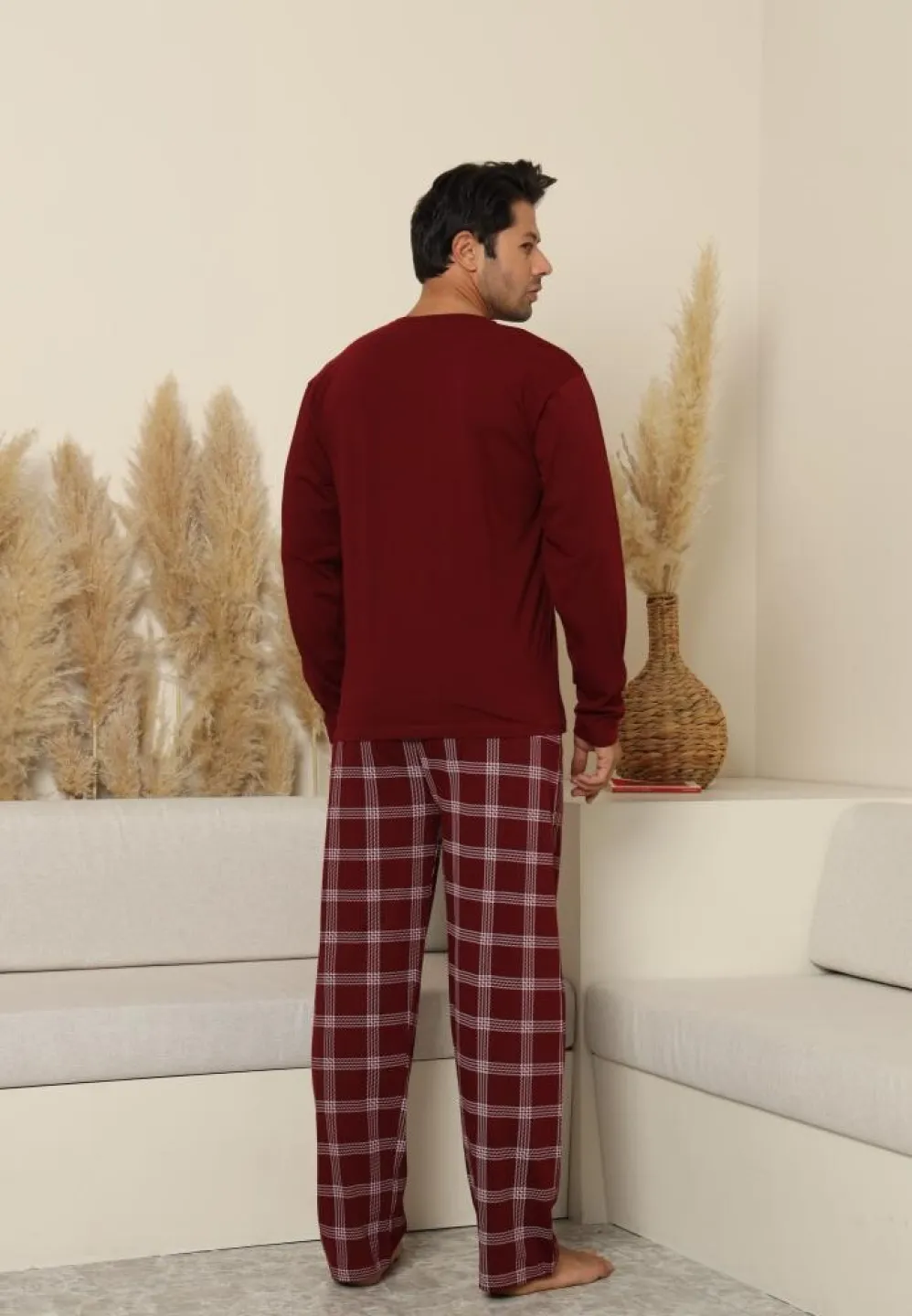 Pijama bărbați Bordo, cu pantaloni lungi cu carou și mânecă lungă, cu buzunare - 2