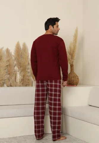 Pijama bărbați Bordo, cu pantaloni lungi cu carou și mânecă lungă, cu buzunare hover