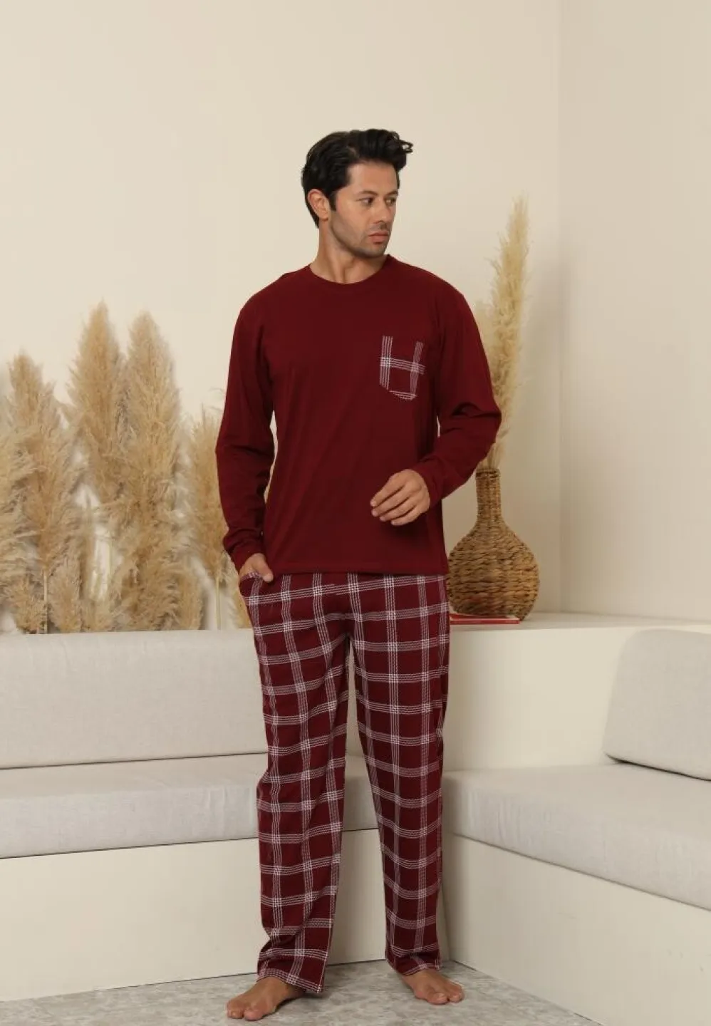 Pijama bărbați Bordo, cu pantaloni lungi cu carou și mânecă lungă, cu buzunare - 3