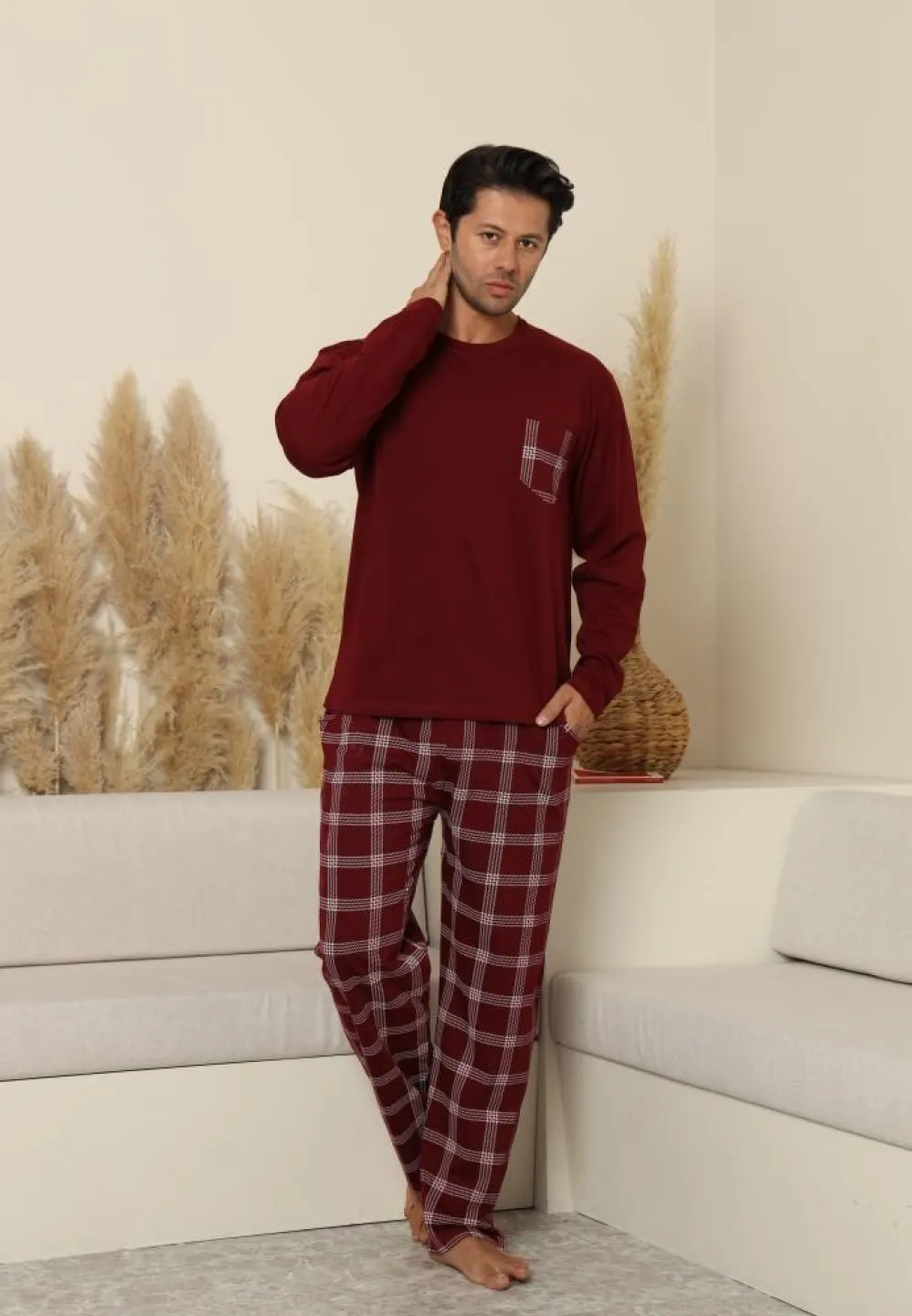 Pijama bărbați Bordo, cu pantaloni lungi cu carou și mânecă lungă, cu buzunare - 4
