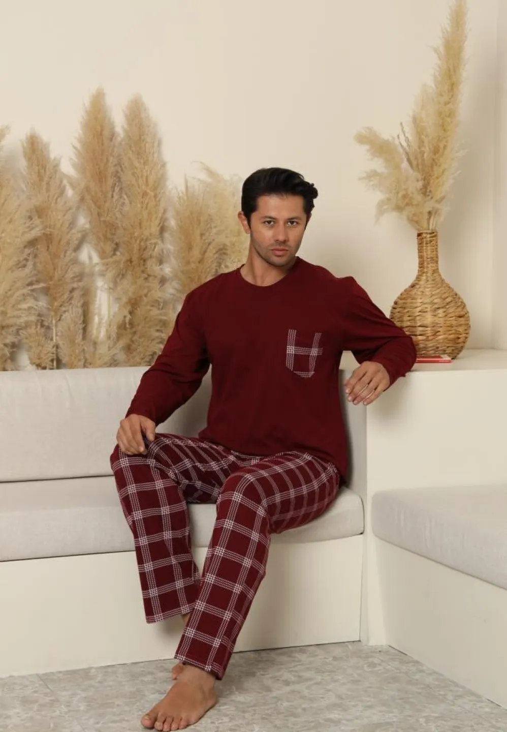 Pijama bărbați Bordo, cu pantaloni lungi cu carou și mânecă lungă, cu buzunare - 5