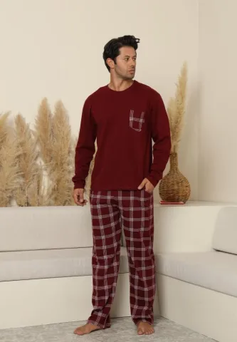 Pijama bărbați Bordo, cu pantaloni lungi cu carou și mânecă lungă, cu buzunare