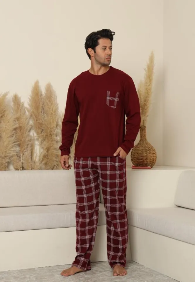 Pijama bărbați Bordo, cu pantaloni lungi cu carou și mânecă lungă, cu buzunare