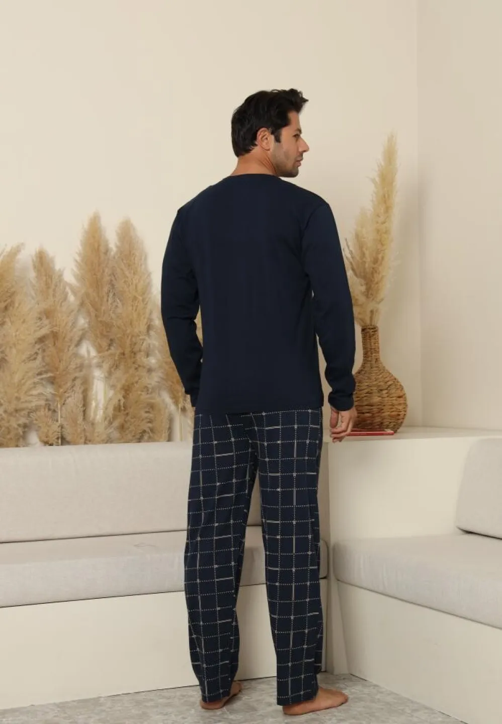 Pijama bărbați Bleumarin, cu pantaloni lungi carou și mânecă lungă, cu buzunare - 2