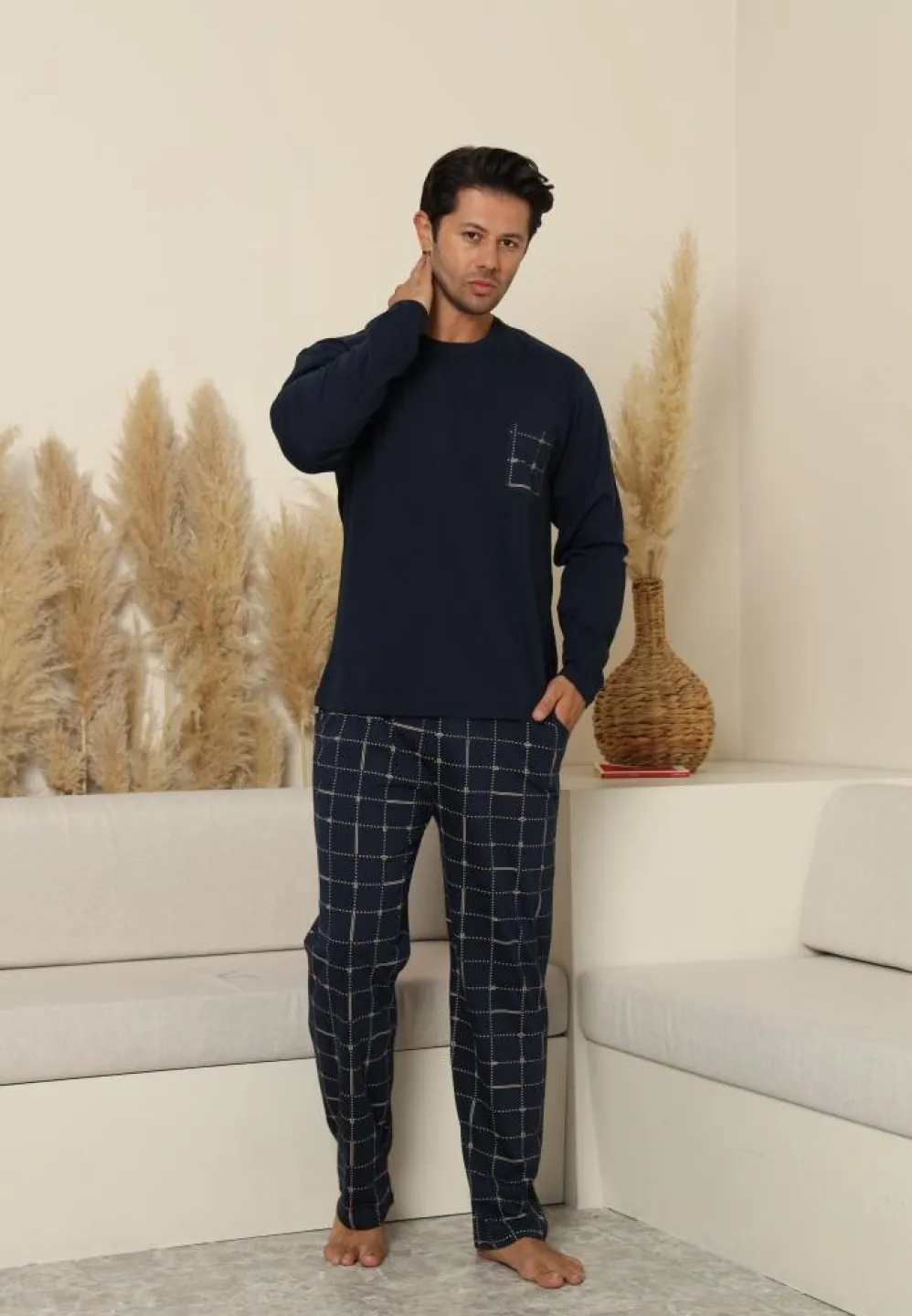 Pijama bărbați Bleumarin, cu pantaloni lungi carou și mânecă lungă, cu buzunare - 1