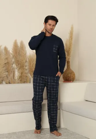 Pijama bărbați Bleumarin, cu pantaloni lungi carou și mânecă lungă, cu buzunare