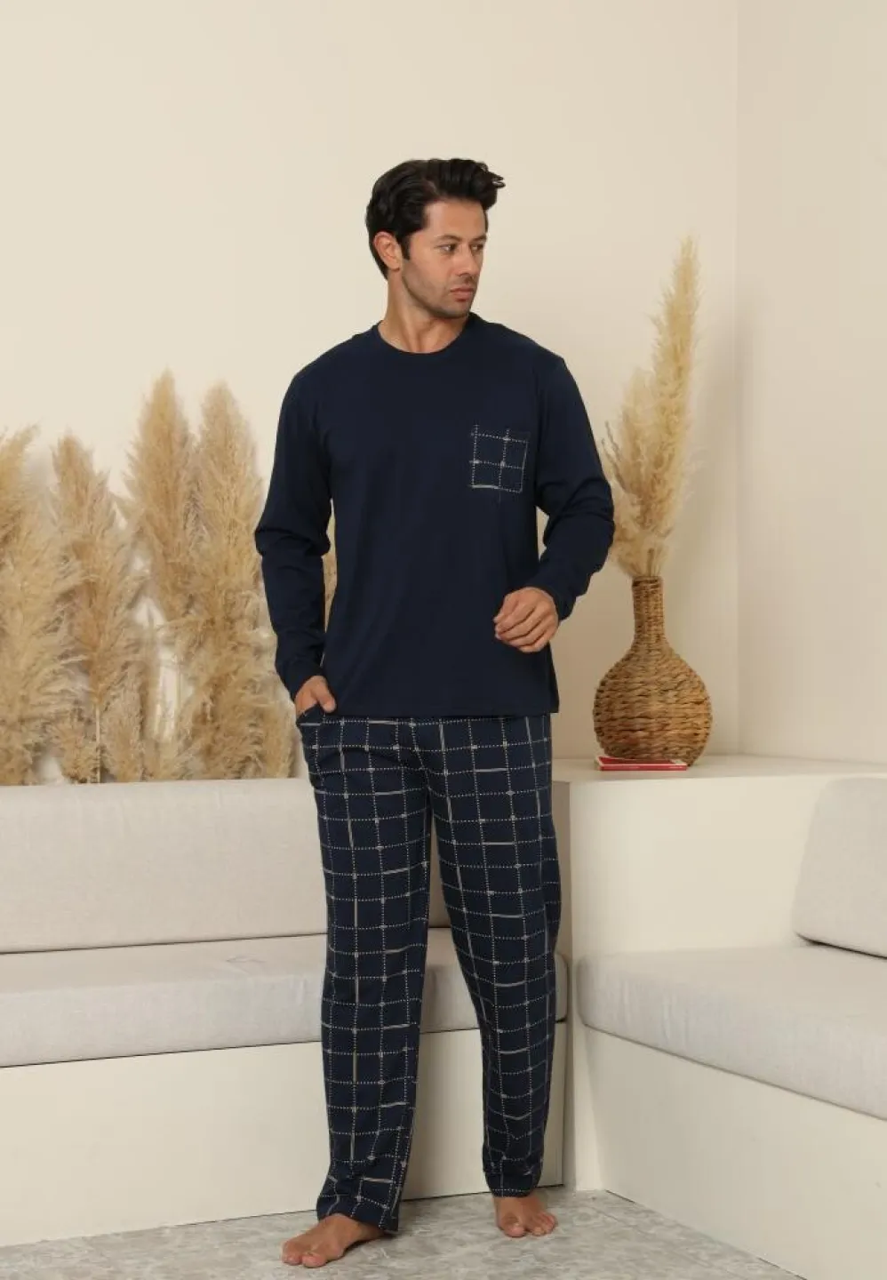 Pijama bărbați Bleumarin, cu pantaloni lungi carou și mânecă lungă, cu buzunare - 4