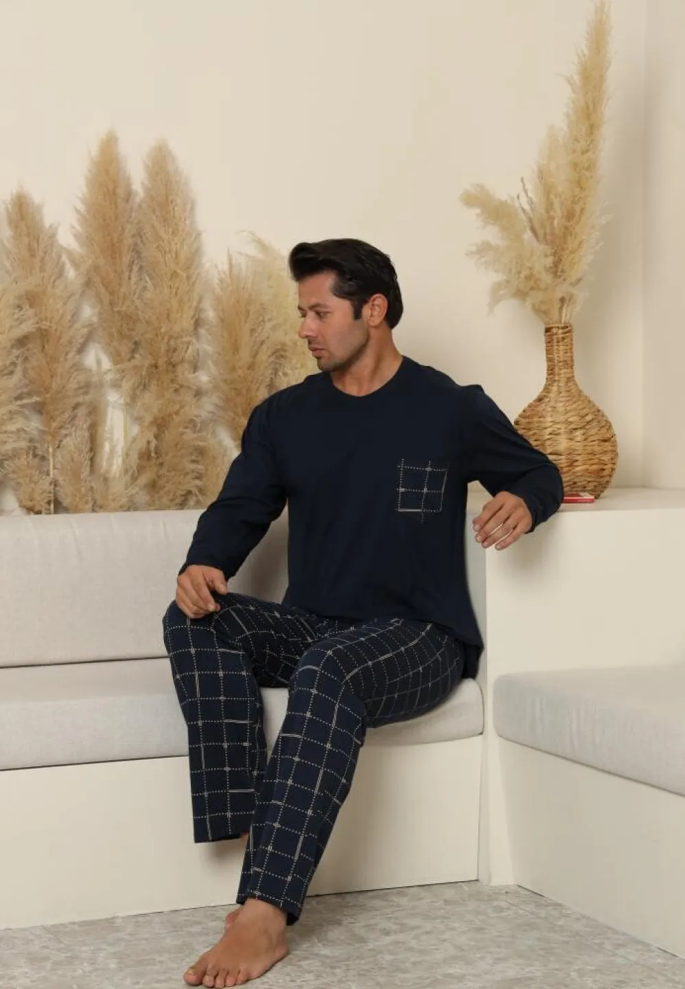 Pijama bărbați Bleumarin, cu pantaloni lungi carou și mânecă lungă, cu buzunare - 5