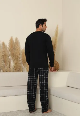 Pijama bărbați Negru, cu pantaloni lungi carou și mânecă lungă, cu buzunare hover
