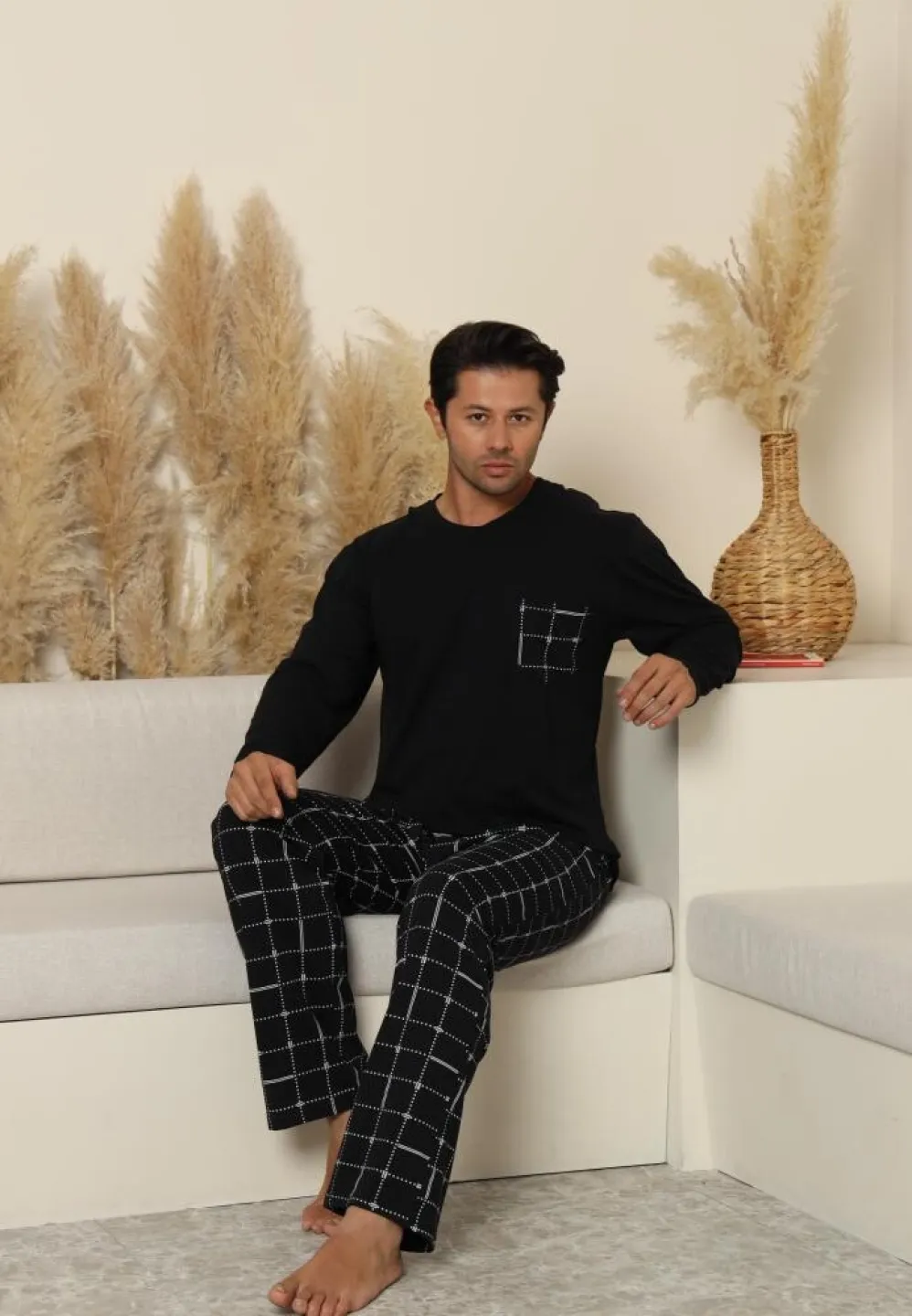 Pijama bărbați Negru, cu pantaloni lungi carou și mânecă lungă, cu buzunare - 3