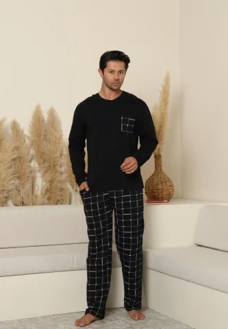 Pijama bărbați Negru, cu pantaloni lungi carou și mânecă lungă, cu buzunare