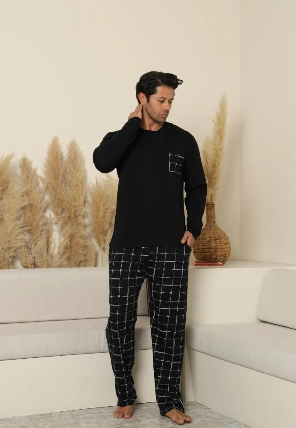 Pijama bărbați Negru, cu pantaloni lungi carou și mânecă lungă, cu buzunare - 4