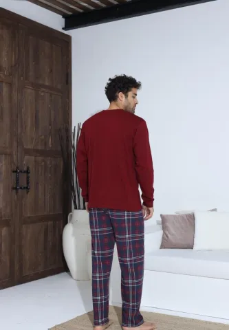 Pijama bărbați Bordo, cu pantaloni lungi cu carou și mânecă lungă, cu nasturi hover