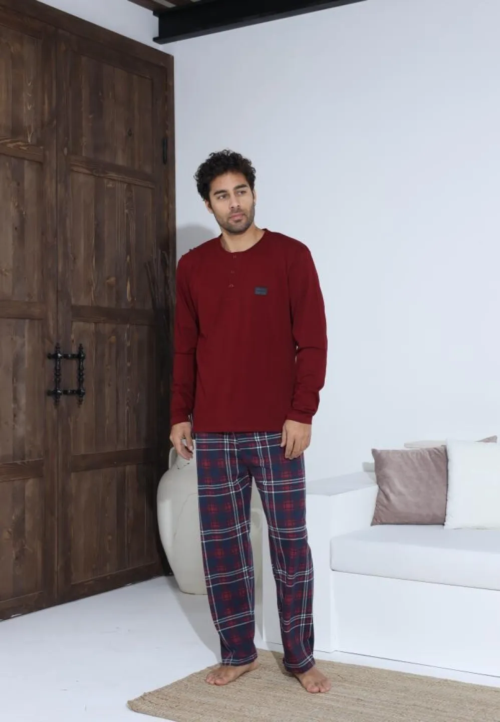 Pijama bărbați Bordo, cu pantaloni lungi cu carou și mânecă lungă, cu nasturi - 3