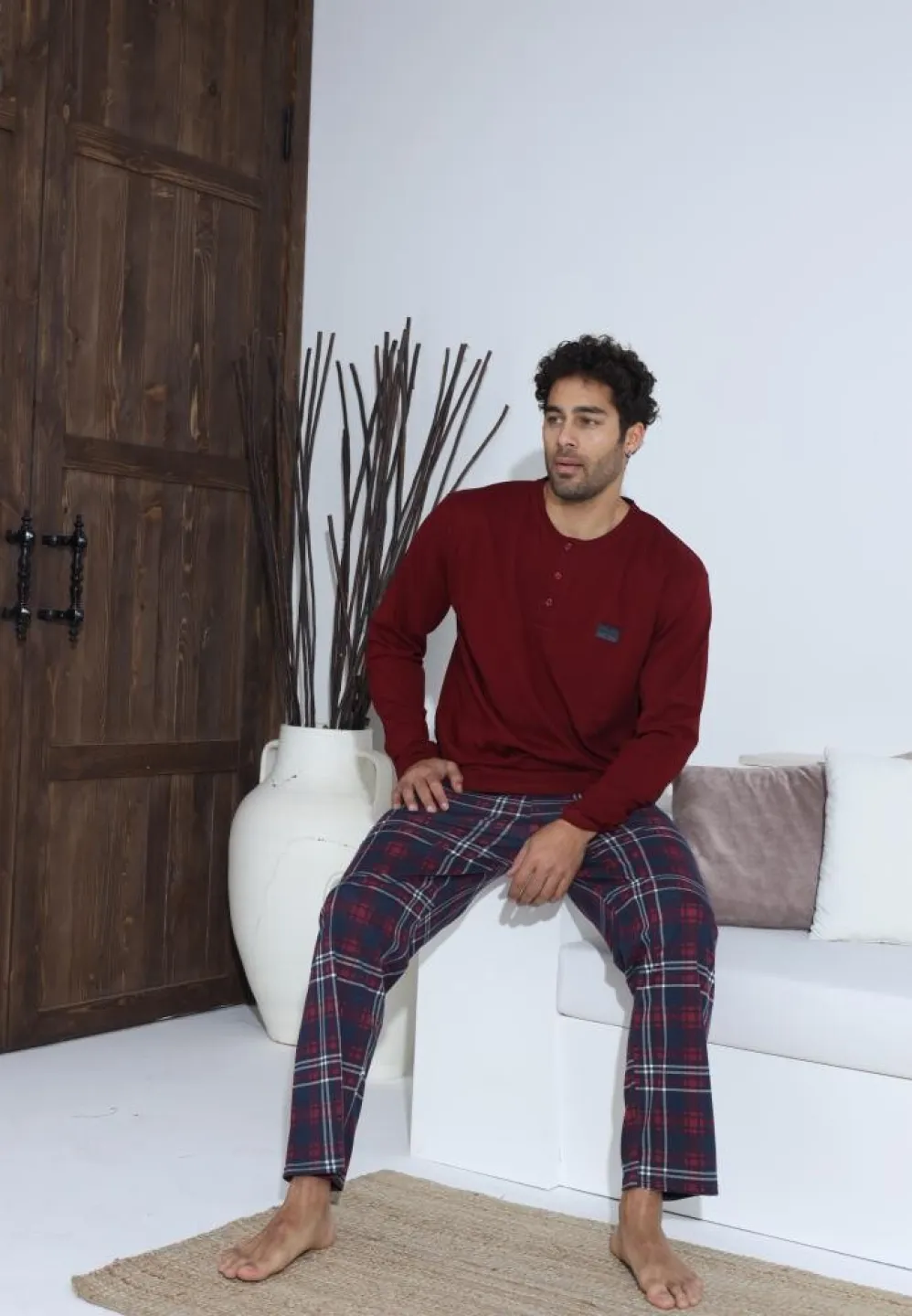 Pijama bărbați Bordo, cu pantaloni lungi cu carou și mânecă lungă, cu nasturi - 4