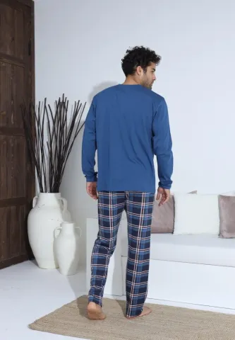 Pijama bărbați Albastru, cu pantaloni lungi cu carou și mânecă lungă, cu nasturi hover