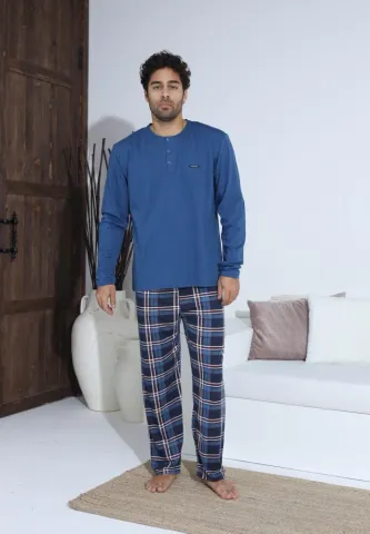 Pijama bărbați Albastru, cu pantaloni lungi cu carou și mânecă lungă, cu nasturi