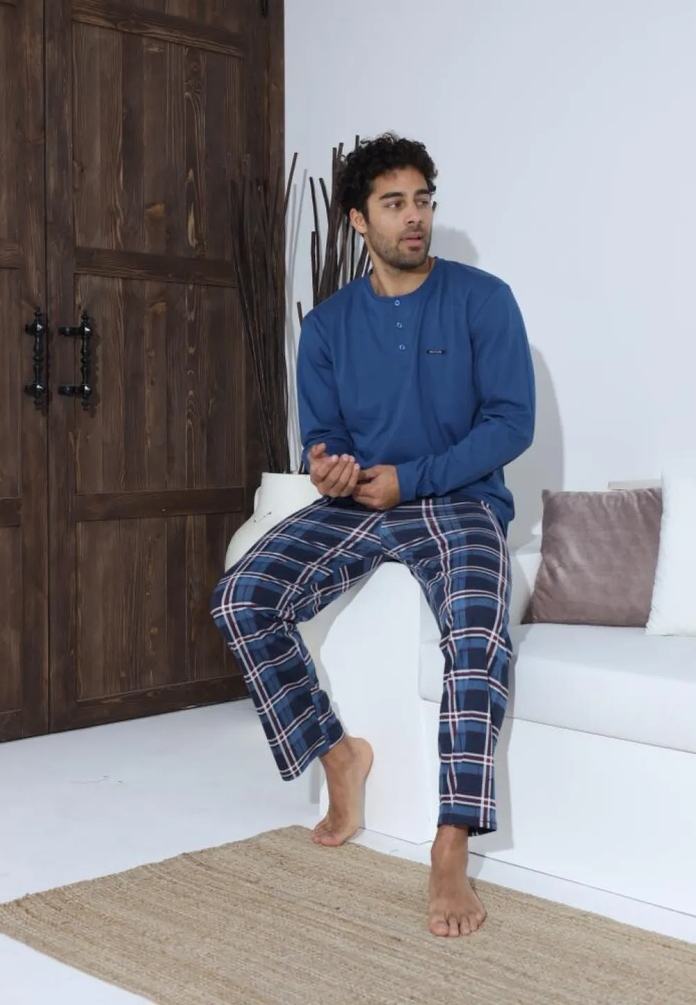 Pijama bărbați Albastru, cu pantaloni lungi cu carou și mânecă lungă, cu nasturi - 3